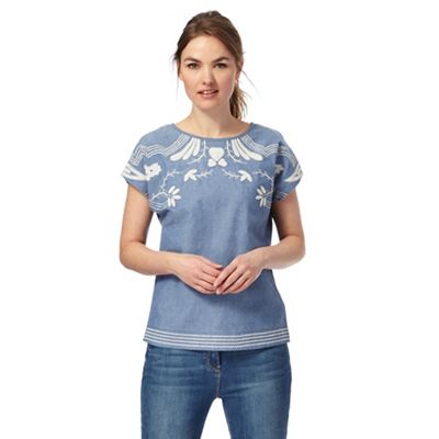 Blue chambray embroidered top